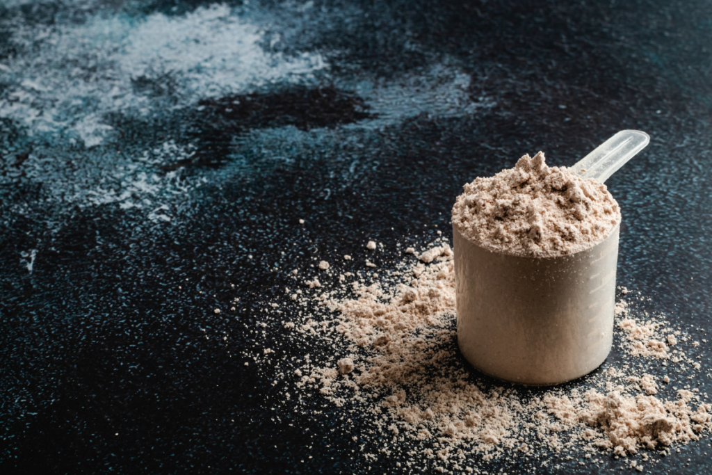 A scoop of Huel protein powder advertised by Huel's marketing campaigns and strategies